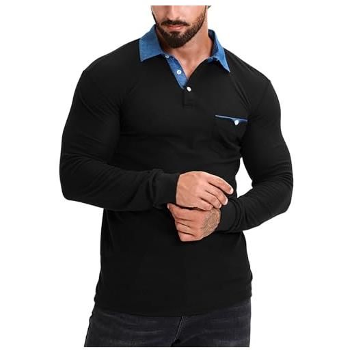 KUNJLELP polo uomo manica lunga con tasca maglietta chic colletto a quadri casuale cotton inverno golf t-shirt, b-bianco, l