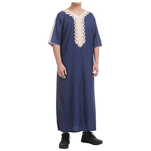 Odizli caftano uomo abaya musulmano arabo islamico abbigliamento 3/4 manica scollo a v strisce stampa allentato lungo thobe, blu navy 01, xl