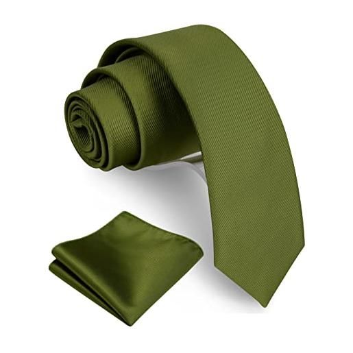 GUSLESON set cravatta sottile e fazzoletto da 6,1 cm per uomo solido skinny cravatta spilla set, verde oliva, general