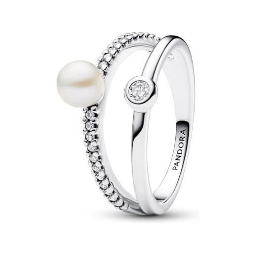 Pandora timeless anello aperto, in argento sterling con perla coltivata d'acqua dolce trattata bianca e zirconia cubica trasparente, 60