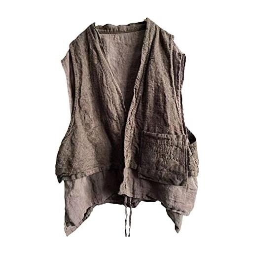 NFYM gilet in lino senza maniche aperto davanti kimono cardigan hippie gilet vintage con tasche, grigio, taglia unica