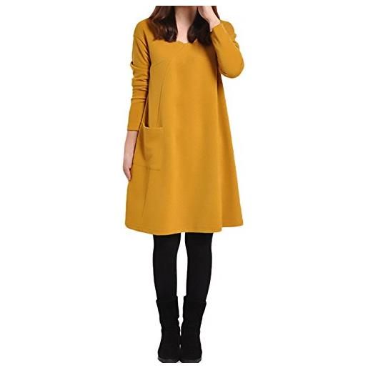 BOLAWOO donna vestiti eleganti al ginocchio invernali autunno ragazze abito linea ad a maniche lunghe v neck vestitini moda giorno sciolto basic puro colore con tasca abiti vestito