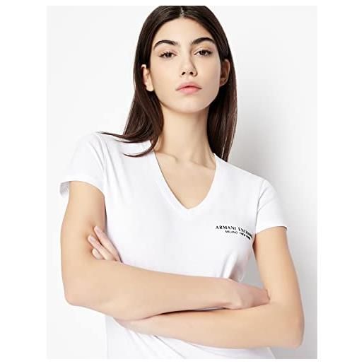 Armani Exchange t-shirt aderente con scollo a v con logo milano/new york, bianco (bianco ottico), m donna
