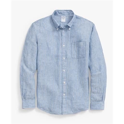 Brooks Brothers camicia sportiva blu e bianca a righe regular fit in lino con collo button-down