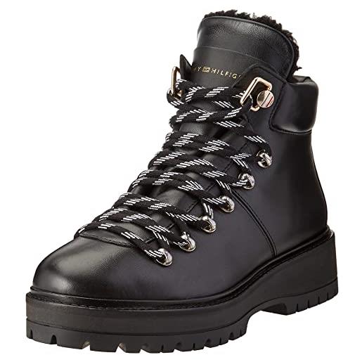 Tommy Hilfiger leather outdoor flat boot fw0fw06725, stivale basso donna, nero (black), 39 eu