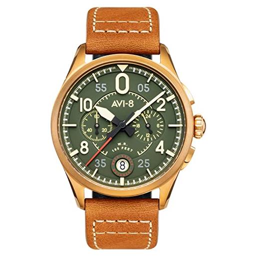 AVI-8 mens 42mm spitfire lock chronograph bronze green japanese quartz pilot watch with leather strap av-4089-02