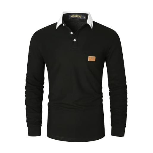 VHUQGVU polo uomo 100% cotone manica lunga classico elegante golf tshirt con tasca, nero40,3xl