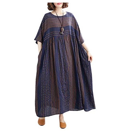Versear abito da donna vintage a righe in cotone lino girocollo mezza manica tasche sciolte casual, blu scuro, taglia unica