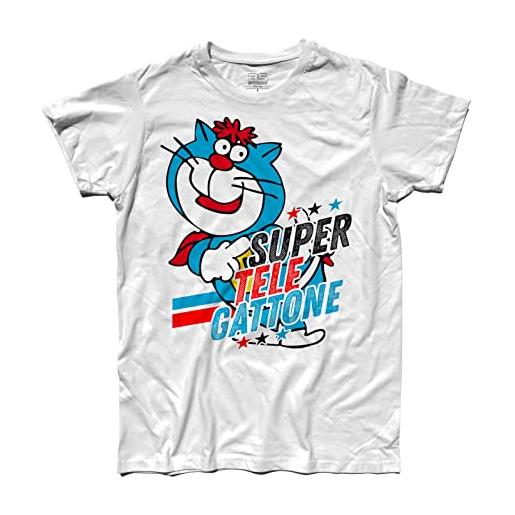3styler t-shirt uomo supertelegattone - gatto azzurro carosello - super telegattone - linea classic - 100% cotone 185 gr/mq (m, bianco)