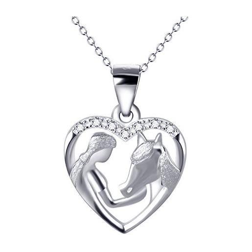 YFN argento sterlina ragazza e cavallo pony cuore cubic zirconia ciondolo collana