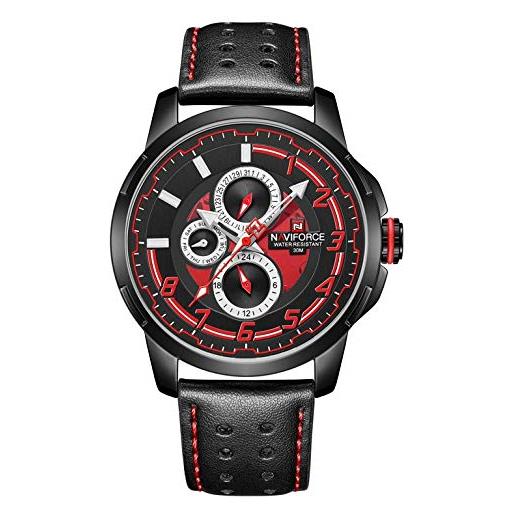 Naviforce - nf9142 - orologio da polso al quarzo analogico moda uomo, cinturino in pelle, impermeabile (cinturino: nero con cuciture rosse)