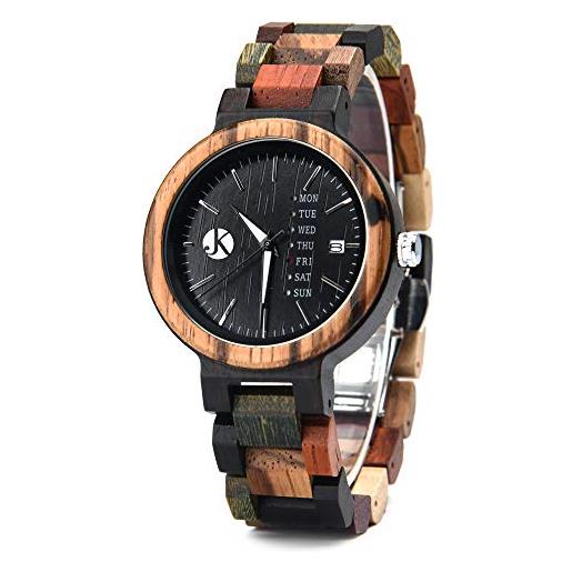 Kim Johanson orologio da polso da donna in legno e acciaio inox, con indicazione della data e del giorno, realizzato a mano, al quarzo, analogico, con confezione regalo, marrone, bracciale