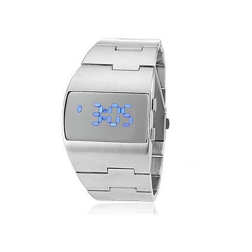 Fenkoo orologio da polso digitale, con led blu, in stile futuristico, da uomo, con cinturino in acciaio argentato