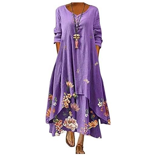 Xingge plus size abiti boho per le donne girocollo con stampa floreale della boemia del vestito di lino sciolto abiti lunghi (purple, 5xl, 5xl)