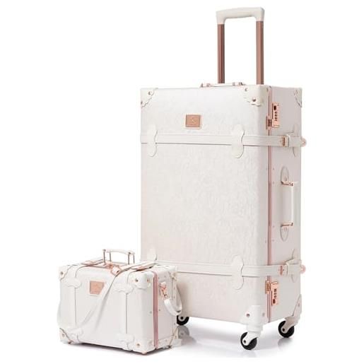 Nzbz valigia trolley a mano, custodia rigida, set da 2 pezzi, valigetta da viaggio con 4 ruote, design alla moda, custodia in pelle, custodia da donna con lucchetto, rosa/bianco, s(12)+m(20), 