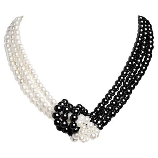Duriya 1920s - collana corta da donna, a strati multipli, per matrimonio, da sposa, con perle di imitazione, elegante, stile retrò, accessorio per costume, perla, bianco e nero. 