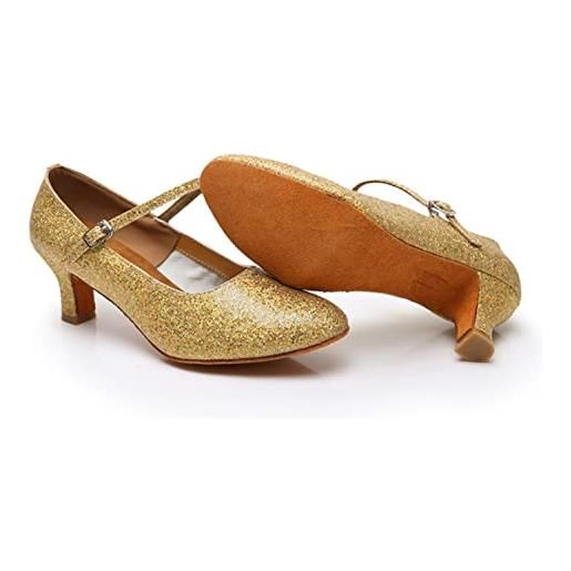 FM2018XSL scarpe da ballo donna latino americano, scarpe punta chiusa tacco da 5 cm, morbide e leggere, suola antiscivolo, desisn elegante e classico. (outdoor oro, numeric_38)