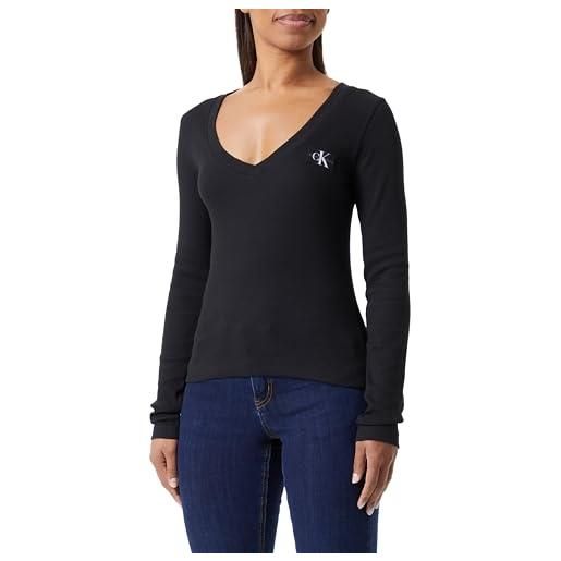 Calvin Klein Jeans woven label v-neck long sleeve j20j222882 top in maglia a maniche lunghe, nero (ck black), xxs donna