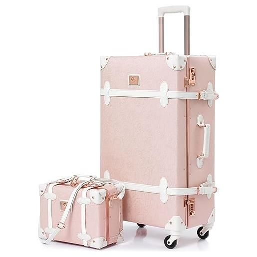 Nzbz valigia trolley a mano, custodia rigida, set da 2 pezzi, valigetta da viaggio con 4 ruote, design alla moda, custodia in pelle, custodia da donna con lucchetto, rosa elegante, s(12)+l(26), 