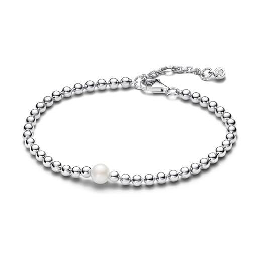 Pandora timeless bracciale beaded in argento sterling con perla coltivata d'acqua dolce trattata bianca e zirconia cubica trasparente, 18