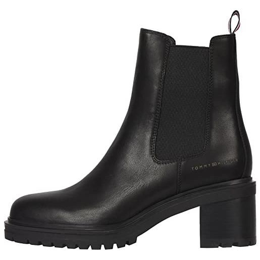 Tommy Hilfiger stivaletto donna outdoor chelsea mid heel boot in pelle, nero (black), 41 eu