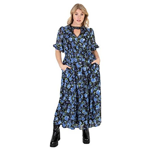 Lovedrobe summer dresses for women plus size curve ladies midi sun dress faux wrap high v neckline waist puffed sleeve lace black vestito, blue, 54 donna