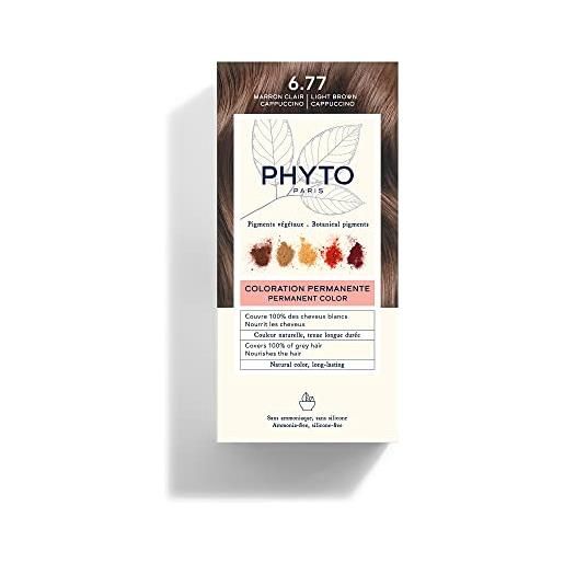 Phyto color kit 6.77 marrone chiaro cappuccino colorazione permanente senza ammoniaca, 100% copertura capelli bianchi