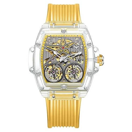 RORIOS orologio uomo trasparente meccanico orologi da polso sportivo tonneau orologio hollow creativo orologio fantastico silicone cinturino orologio bianco giallo b