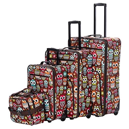 Rockland jungle softside - set di valigie verticali, gufo, 4-piece set (14/29/24/28), jungle softside - set di valigie verticali