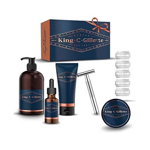 King C. Gillette kit completo per cura barba uomo: rasoio di sicurezza + 15 lamette + detergente, balsamo e olio per barba e viso + gel da rasatura, regalo
