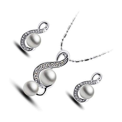 GWG Jewellery parure placcata argento sterling collana con ciondolo e orecchini chiave di violino impreziosita con perla e pietre bianche