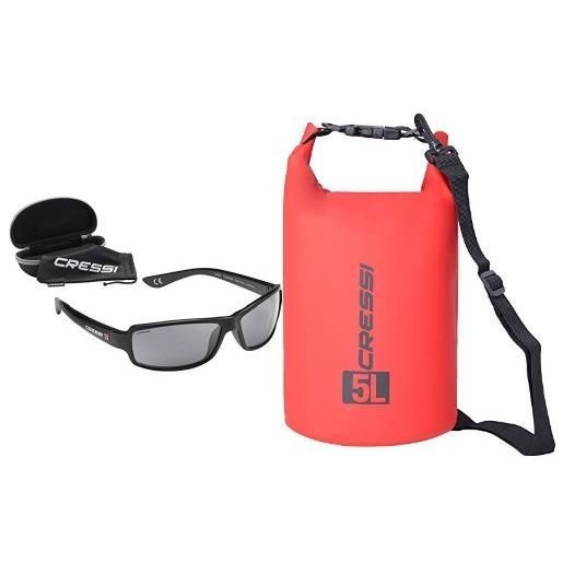Cressi ninja occhiali sportivi da sole polarizzati con protezione uv 100% , galleggiante, nero/lenti grigio scuro + dry bag sacca stagna per attività sportive, standard, 5 l, rosso