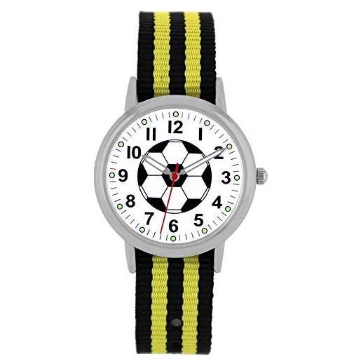 Pacific Time 86521 - orologio da polso per bambini con lancette calcistiche che si illuminano al buio, cinturino in tessuto, analogico, al quarzo, colore: nero/giallo