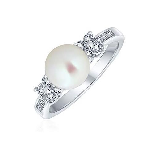 Bling Jewelry tradizionale senza tempo matrimonio pave cz band bianco coltivato pulsante perla solitario anello di promessa di fidanzamento per le donne pietre laterali placcato argento 8mm