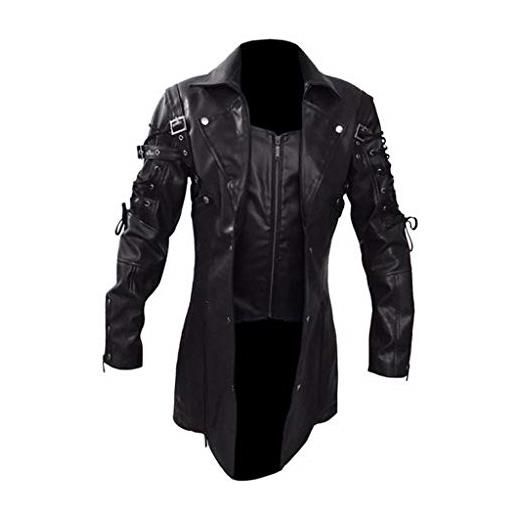 PAIDAXING giacca in pelle steampunk da uomo a maniche lunghe giacca da motociclista rock vintage in pelle punk cappotto da moto retrò finto due cappotti lunghi da uomo trench giacca funzionale giacca