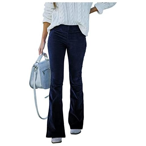 OBEEII cord pantaloni da donna a vita alta, per il tempo libero, da donna, svasati, tinta unita, casual, lunghi, blu navy, xl