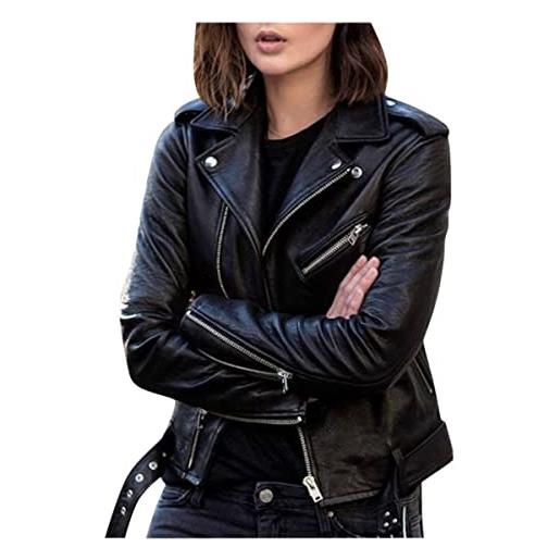 Freenfitmall cappotto da donna scuro academia primavera autunno cerniera giacca moto donne breve giacca in pelle, marrone, m