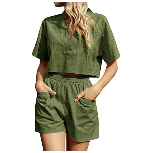 Cuwtheugwg top eleganti camicia di lino a maniche corte in lino per pantaloni corti in lino a due pezzi in lino casual da donna completi yoga estivi (green, s)