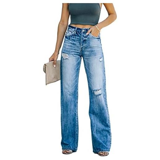 FUZUAA jeans strappati da donna jeans aderenti a vita media jeans dritti moderni da donna jeans strappati da donna pantaloni comodi jeans distrutti in un look usato con buchi (color: blue, size: s)