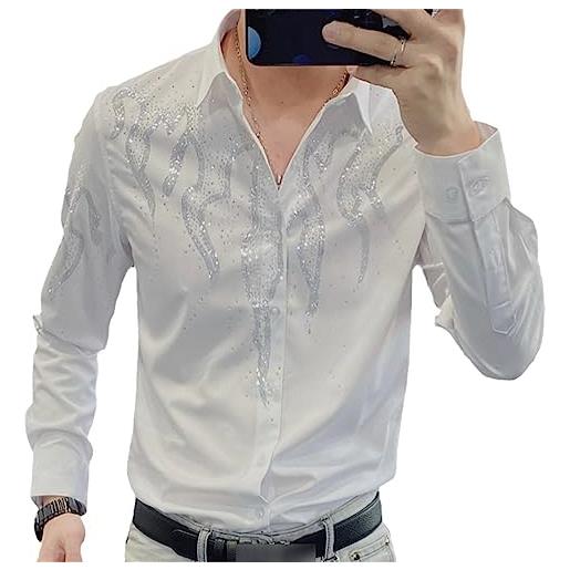 Yeuyyben camicia da uomo con strass per camicia retrò moda primavera 2023