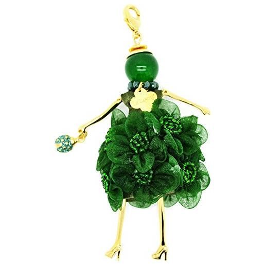 Le Carose collana da donna collezione fiorelline. Collana realizzata in bronzo con vestito di colore verde scuro e applicazioni con fiori 3d. Collana della lunghezza di 80cm, ciondolo di 10