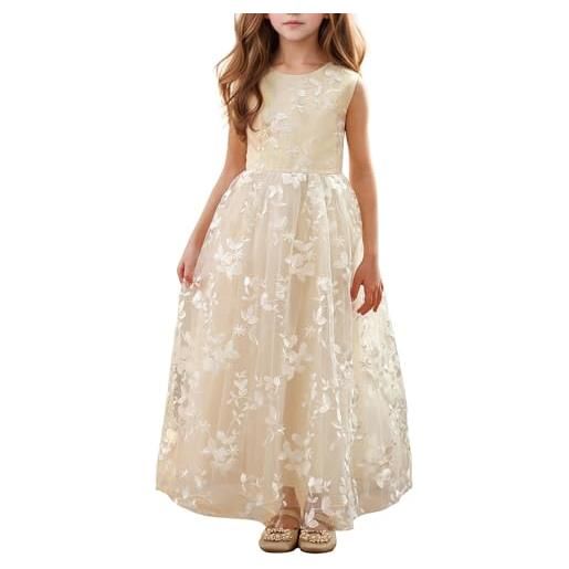 Aibaowedding chic abito lungo da comunione per bambini, in tulle ricamato con cintura in raso/boho a linea a, per damigelle d'onore, per ragazze 2-12 anni, bianco manica lunga, 12 anni