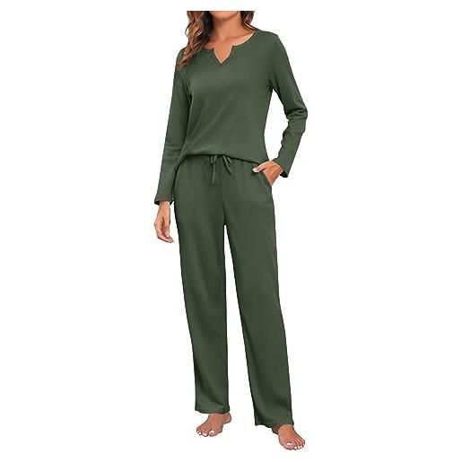 ANGGREK pigiama da donna con tasche, set da 2 pezzi, per biancheria da notte, taglie s-xxl, 2-esercito verde, xxl