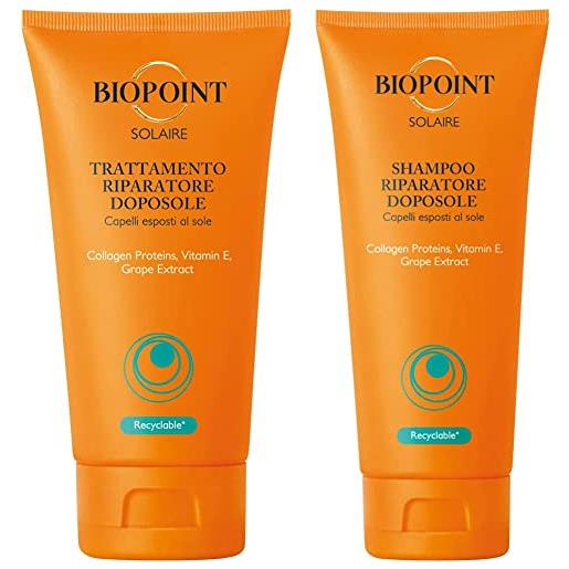 Biopoint trattamento riparatore doposole, 150ml + biopoint shampoo solare riparatore 200 ml - idrata e protegge i capelli, riparando i danni causati da sole, acqua di mare e vento