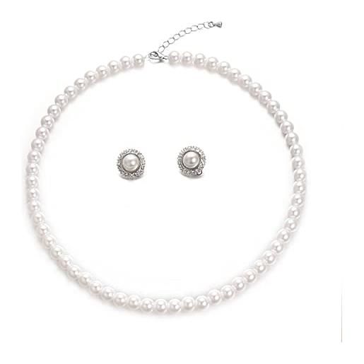 Aleasha set di orecchini a clip con collana di perle di vetro finto per donne 8 mm 10 mm rotondo bianco perla gioielli regali di nozze, 8mm, placcato oro, perla sintetica
