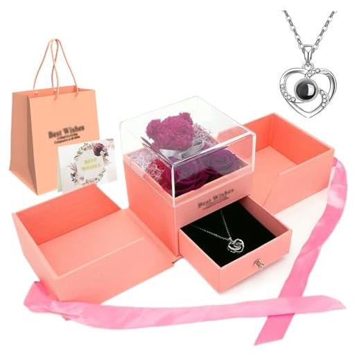 IVEOPPE orso rosa eterna confezione regalo con collana - idee regalo per donna compleanno, anniversario, matrimonio, san valentino, natale, festa della mamma, fidanzata, moglie