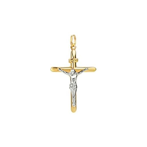 PRINS JEWELS ciondolo bicolore a forma di croce con gesù, oro bianco e oro giallo 585, 14 carati, unisex e due ori, cod. Kjb14