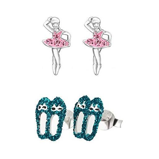 FIVE-D - set di 2 paia di orecchini per bambini, motivo: scarpe da balletto e ballerina, in argento 925, con custodia e argento, colore: blu, cod. Set165a