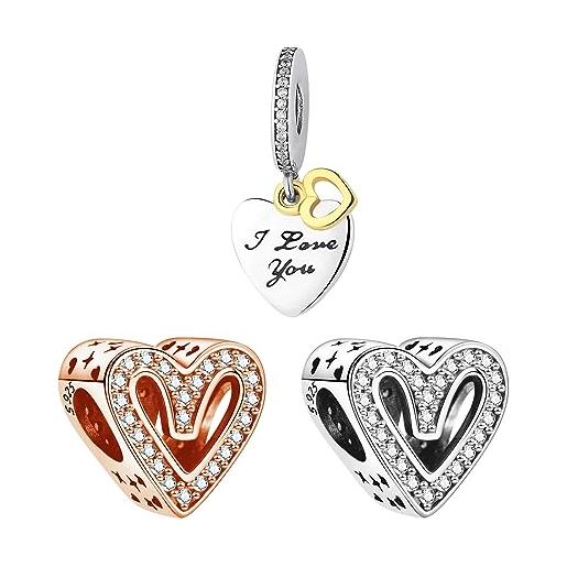 Doyafer 925 sterling silver cuore charm set per le donne bracciali perline charms regalo di san valentino per moglie ragazze 3-parte/pacchetto