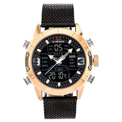 Naviforce - nf9153 - orologio da polso al quarzo digitale analogico dual time da uomo, cinturino in metallo, impermeabile (cinturino: nero/indice: bianco/cassa: oro rosa)
